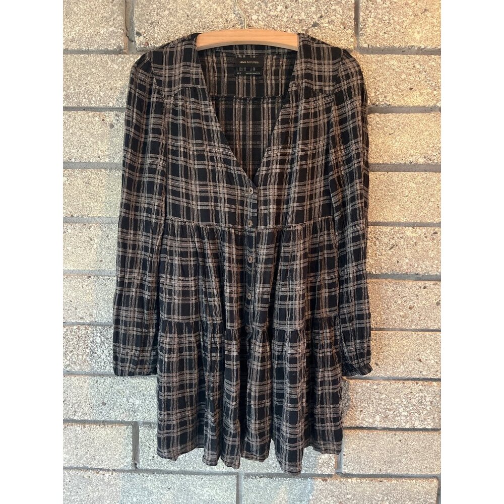 Urban Outfitters XS Black & Beige Plaid Button-Up Tiered Babydoll Dress Long Sle